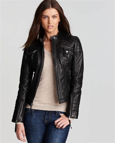 michael michael kors women's zip front leather jacket luggage|Michael Kors leather jacket.